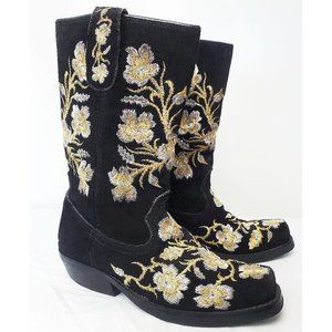 Paco Gil Womens Western Floral Gold Silver Embroidered Black Suede Leather 37